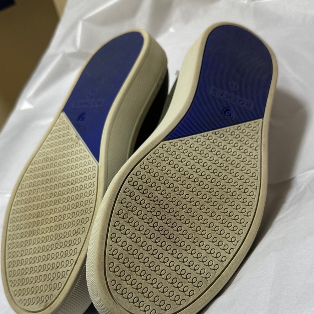 Rothy's Olive Slip-On Shoes with Blue Trim - Picture 5 of 16